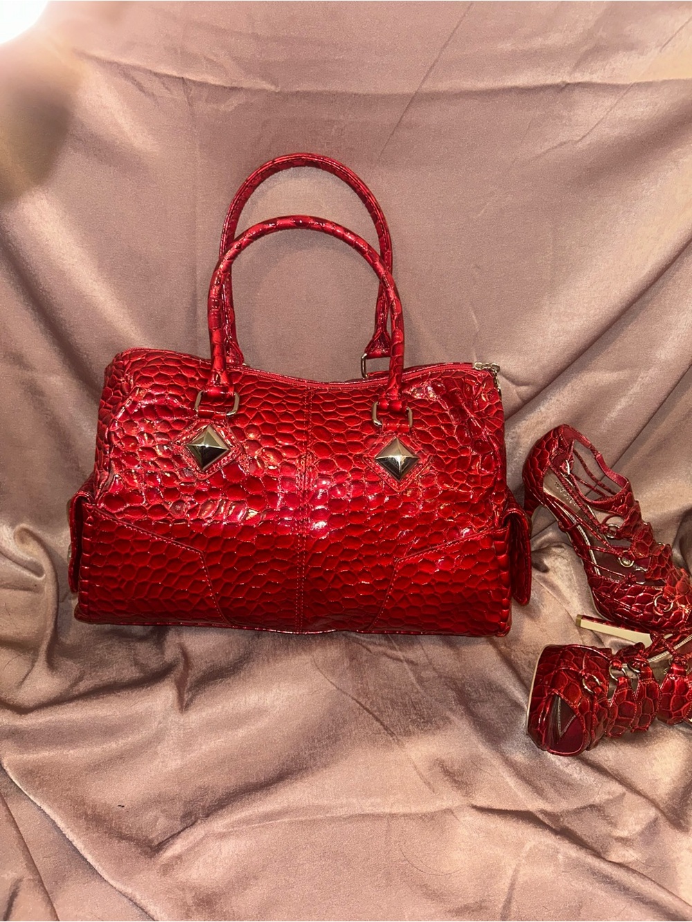 White House Black Market Red Croc Crystal Y2K Satchel Handbag